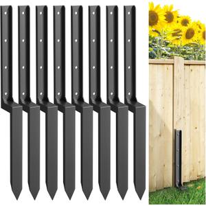 2-4-6-8 Pack Fence Post Repair Kit, Thickened Fence Repair Stakes, Heavy Duty Steel Fence Post Repair Stake with Gloves for Fixing Tilted or Broken Wood Posts (8 Pack, Black)