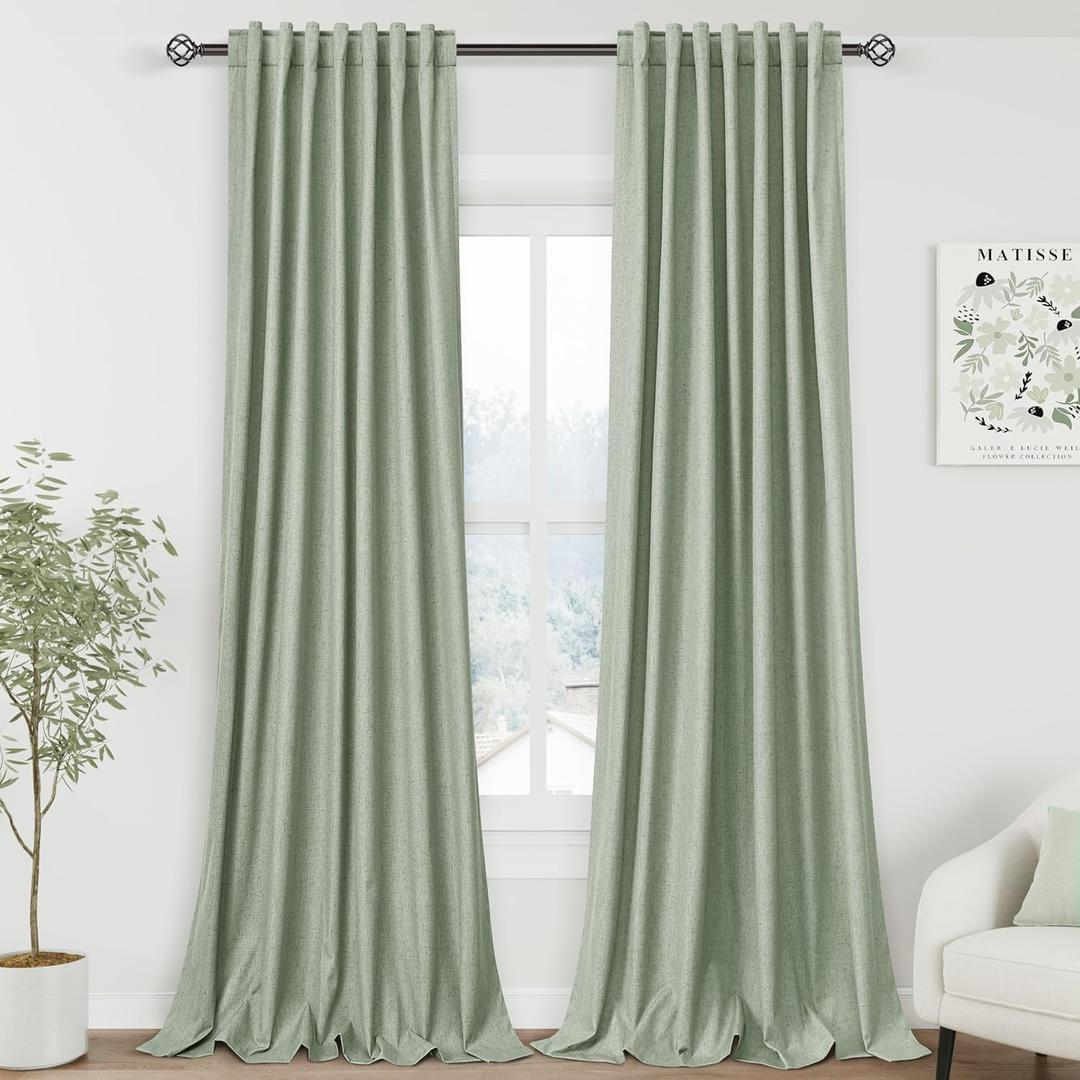 Light Sage 100% Blackout Linen Curtains for Bedroom 90 Inches Long Back Tab Thermal Insulated Modern Farmhouse Decor Black Out Curtain for Living Room Dining Room Coastal Drapes 52x90, 2 Panels