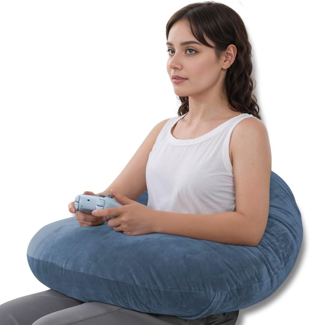 QUEEN ROSE Reading Pillow, Gaming Pillow for Lap, Sitting in Bed or Sofa, Extra Arm Rest for Reading, Playing or Crocheting, Soft Velvet Blue
