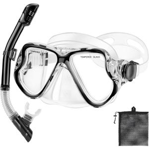 Snorkeling Gear for Kids Adults, Dry Snorkeling Set, Panoramic Anti-Leak and Anti-Fog Tempered Glass Lens, Adjustable Strap Snorkel Set with Mesh Bag Ear Plug for
