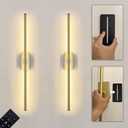 Set of 2 Battery Powered Linear Tube Rechargeable Gold Wall Sconce, Modern Decor Peel and Stick on Cordless Wall Sconces Picture Vanity Light for Living Dinning Room, Bathroom (2 Pack, 28.3'', Gold)