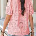 Summer Womens Tops Floral Lace Embroidered Blouses Ruffled Stand Collar Shirts Casual Short Sleeve Clothes Trendy (M)