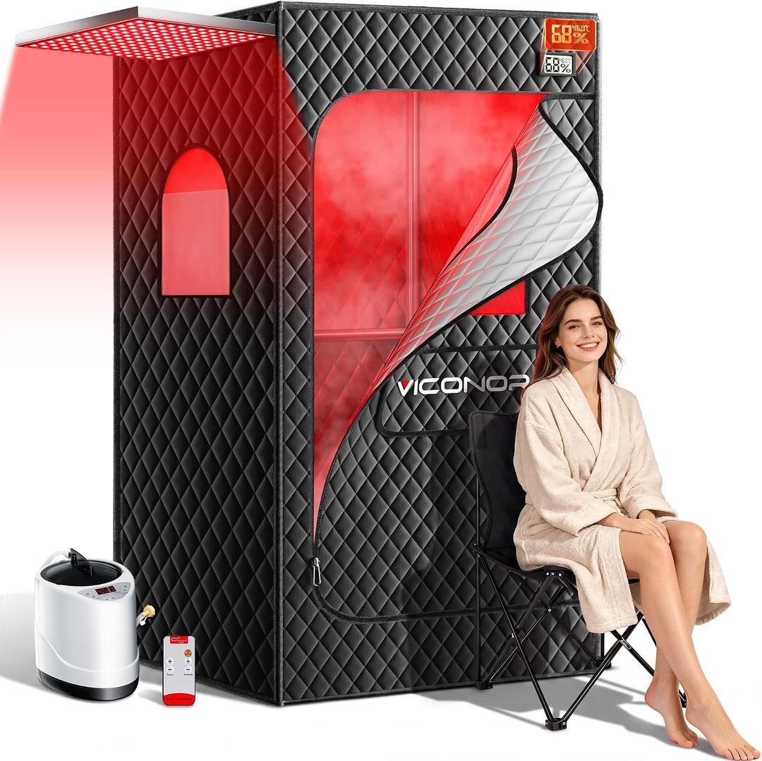 Viconor Portable Sauna Box, Infrared Sauna With 660nm Red Light & 850nm Infrared Red Light Therapy Device for Relaxation, Red Light Sauna for Home 5-Layer Waterproof Insulated, 3L/1200w Steamer, Chair