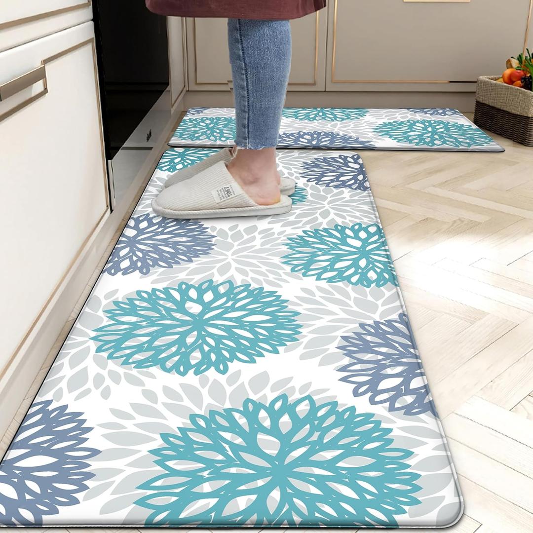 Teal Kitchen Mats Set of 2 Cushioned Anti Fatigue Kitchen Rugs Non Slip Waterproof Runner Memory Foam Kitchen Floor Mat Comfort Standing Mat for Sink,Office,Laundry (17.3"x28"+17.3"x47"--0.4"Th)