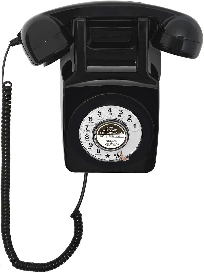 Retro Landline Telephone, Artisam Vintage Rotary Dial Phone, Antique Wall Telephone Set, Classic Old Fashion Wall Mount Phone with Redial for Home/Office/Hotel/School (Black)