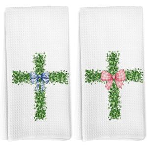 Chinoiserie Easter Christian Cross Kitchen Towels, Preppy Pink Bow Cross Religious Hand Towels for Bathroom Decor, Grandmillennial Easter Dishcloths Dish Towel for Kitchen 16x24 Inches Set of 2 (Color_9)