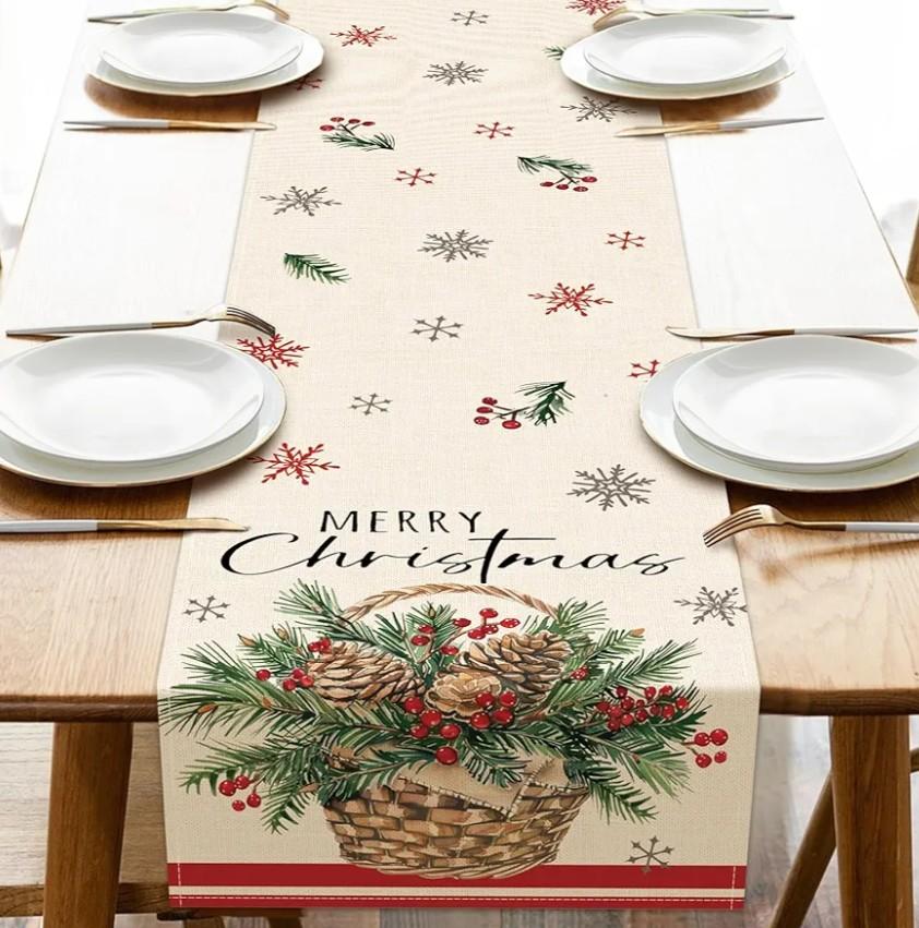Merry Christmas Pine Basket Dining Table Runner, Xmas Red Berries Snowflake Burlap Kitchen Decoration, Winter Holiday Indoor Outdoor Home Decor Party Supply 13 x 72 Inches, Pack Of 3