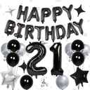 32 Inch 21 Balloon Numbers, Happy Birthday Balloons Banner 16 Inch Foil Letters Balloon Silver and Black Star Balloons for 21st Birthday Decorations for Boys Black Party Decorations