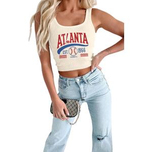 Baseball Tank Top Women Vintage Baseball Mom Tanks Baseball Season Graphic Tee Shirts Game Day Knit Crop Sleeveless Tops (Beige, L)