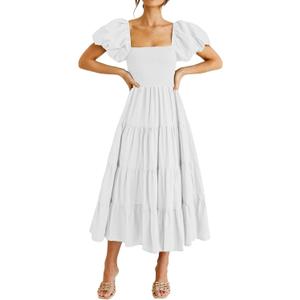 PRETTYGARDEN Women's Casual Summer Midi Dress Puffy Short Sleeve Square Neck Smocked Tiered Ruffle Dresses (Large, White)