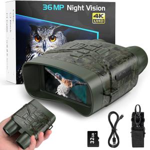 Night Vision Goggles for Hunting, 4K Infrared Night Vision Binoculars with Rechargeable Battery and Anti-Shake Motion Detection for Surveillance Tactical Gear (Green)