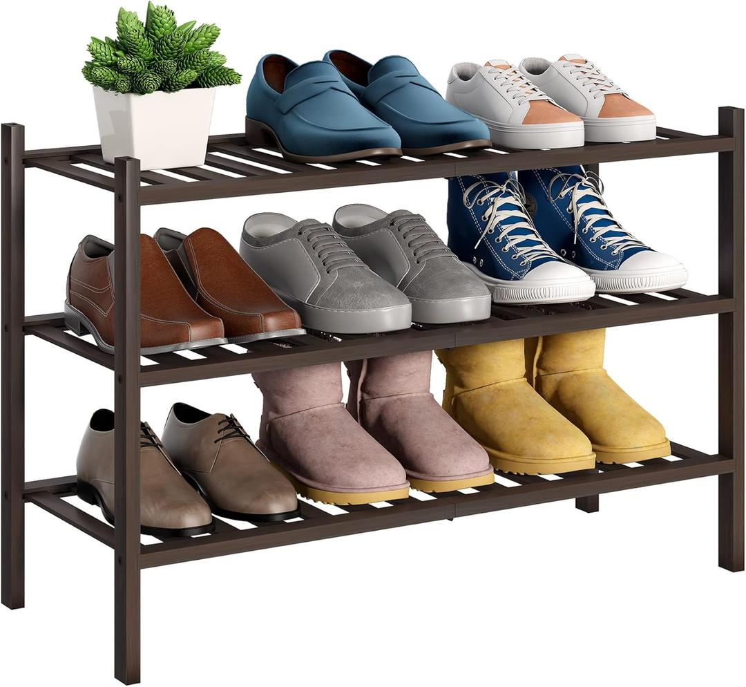 BMOSU 3-Tier Bamboo Shoe Rack Premium Stackable Shoe Shelf Storage Organizer for Hallway Closet Living Room Entryway Organizer (Brown Bamboo)