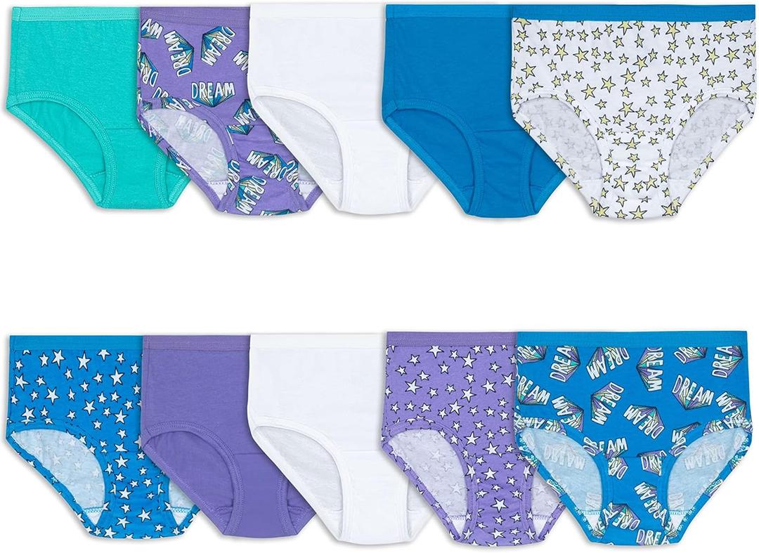 Fruit of the Loom Girls' Cotton Brief Underwear Multipacks (6, Brief - 10 Pack - Purple/Blue/White)