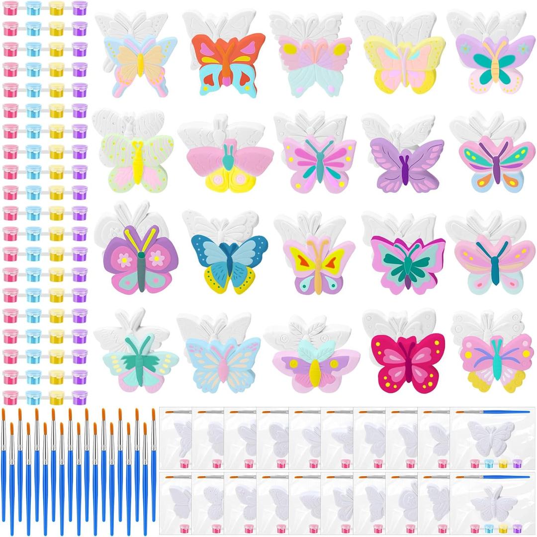 JellyArch 20 Set Butterfly DIY Painting Kit Summer Ceramic to Paint Your Own Butterfly Statues Unpainted Plaster Figurines Brushes Acrylic Paints Bags Party Favor for Adults