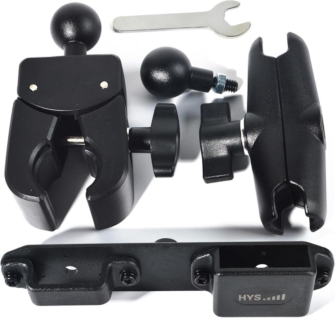 HYS Heavy-Duty Clamp Mount for Two-Way Radios - 360 Adjustable Aluminum Arm with Dual Ball Heads, HT & Shoulder Speaker Mic Belt Clip Holder - Universal Desktop/Pole Mount for Indoor/Outdoor Use
