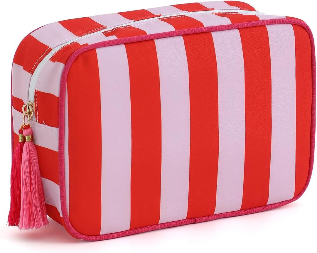 Makeup Bag Travel Cosmetic Bag Organizer Tassel Toiletry Bag Large Canvas Zipper Pouch Mahjong Tile Bag (Red& Pink)