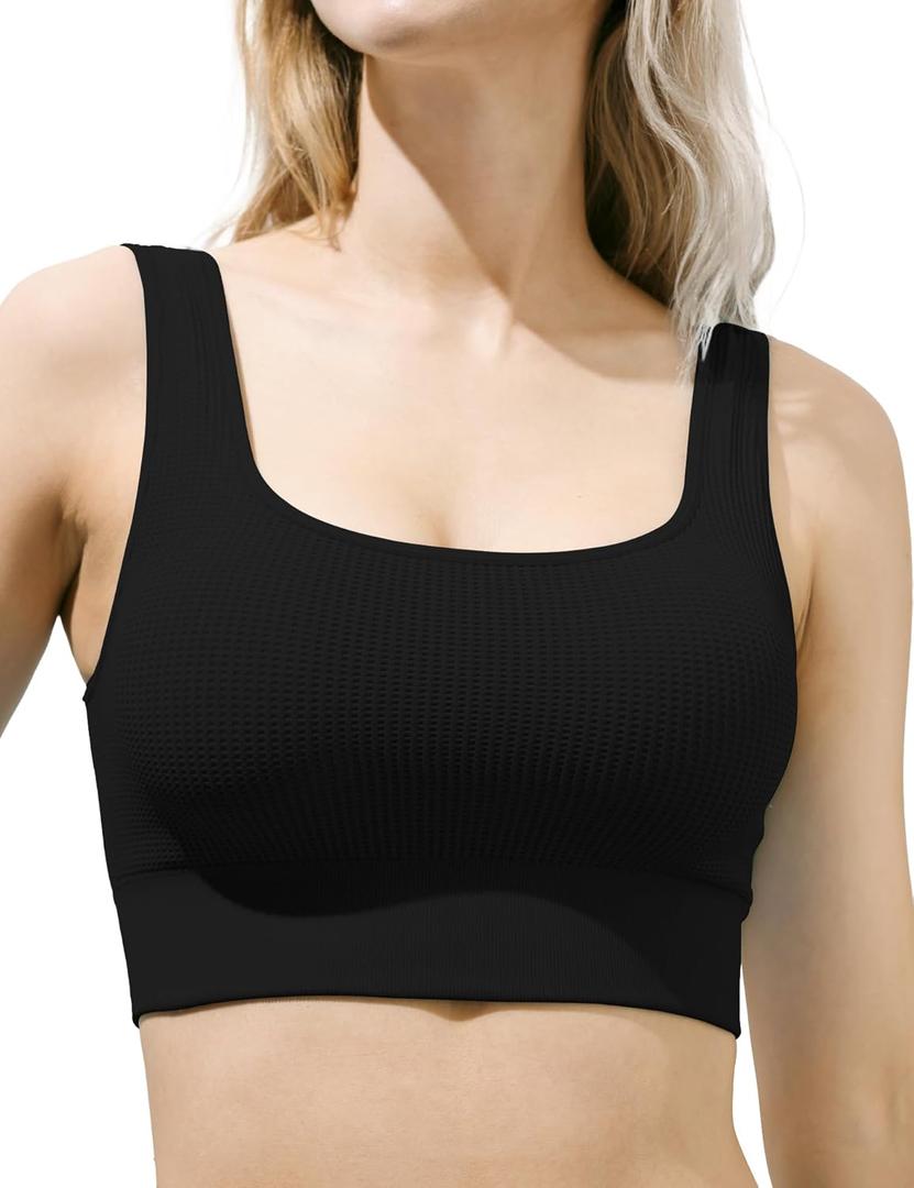 SIXIM Womens U Back Waffle Sports Bra - Scoop Neck Padded Low Impact Yoga Bra Workout Crop Top with Built in Bra (Black) M 