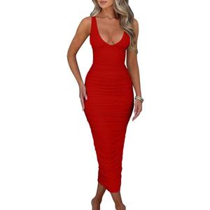 BEAGIMEG Women's Sexy Ruched Sleeveless Deep V Elegant Cocktail Evening Party Maxi Dress (Red), XL