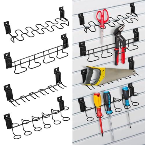 MOJIEZUO 4 Pcs Slatwall Screwdriver Holder Tool Hangers Stainless Steel Slat Wall Hooks Accessories Shelving Display Four Tool Organizer Racks Holder for Craft Room, Workbench, Garage Shop, 4 Style