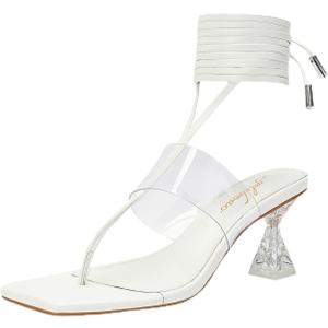 Heels for Women Square Open Toe Lace Up Thong Strappy Heel Sandals Sexy Tie Up Clear Chunky Heeled Sandals for Party Wedding (10, White)
