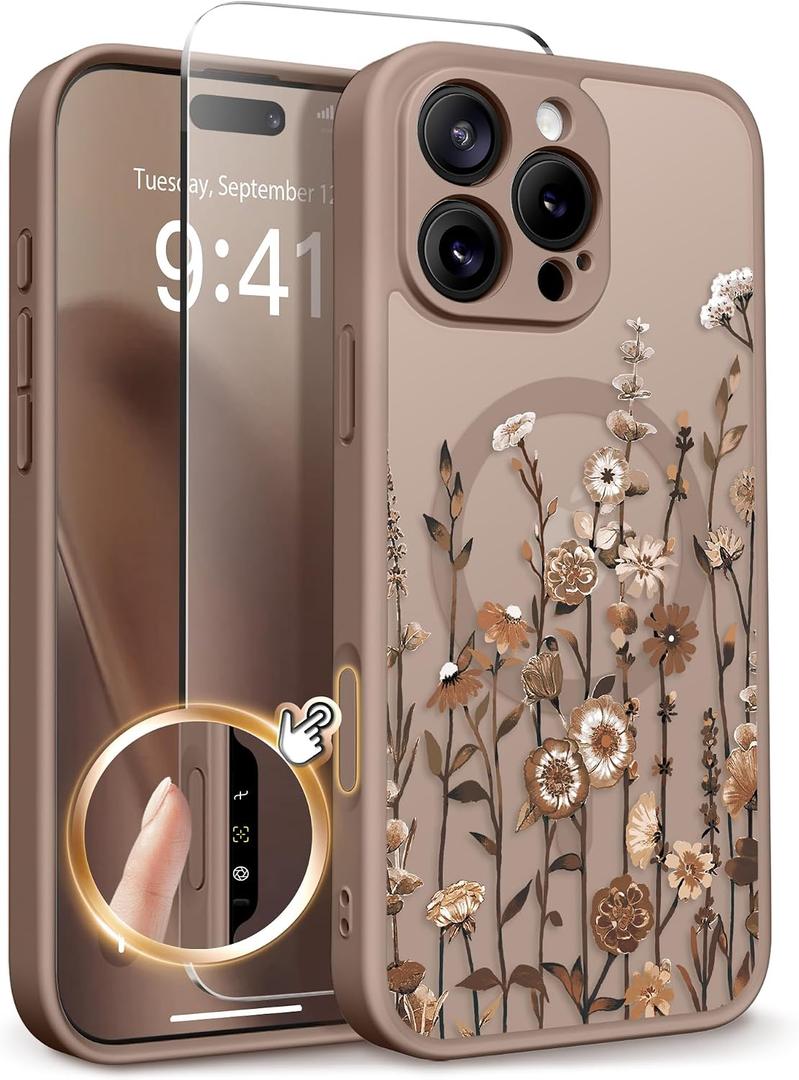 GVIEWIN for iPhone 16 Pro Max Case Compatible with MagSafe, [Military Grade Protection] [Screen Protector] Full Camera Protection Floral Translucent Women Magnetic Phone Case, Floratopia/Brown
