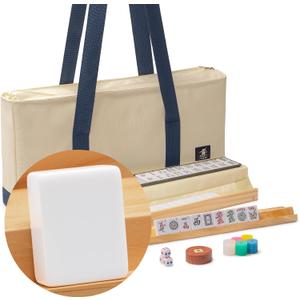 Yellow Mountain Imports American Mahjong Set, Harbor Snow with Beige and Blue Canvas Tote Bag - 4 All-in-One Racks with Pushers, Wright Patterson Scoring Coins, Dice, & Wind Indicator