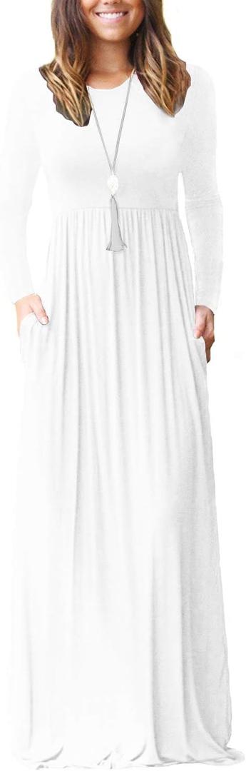 VIISHOW Women's Long Sleeve Loose Plain Maxi Dresses Casual Long Dresses with Pockets (Medium, White)
