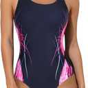 Beautyin Women One Piece Athletic Lap Swimming Competition Racing Swimsuit (Medium, Black/Red/Print)
