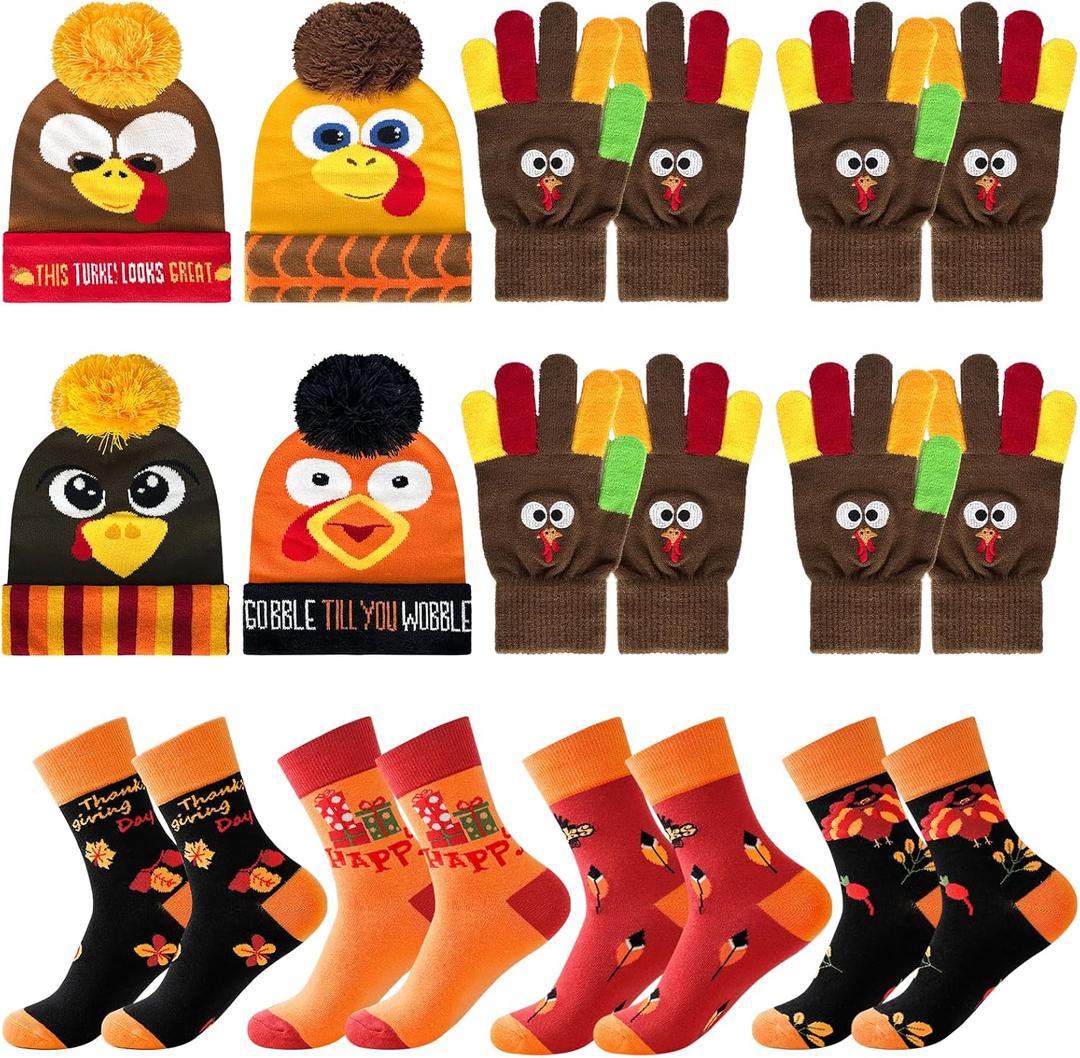 20 Pcs Thanksgiving Turkey Trot Costume Set Turkey Trot Gear Include Autumn Funny Pom Pom Beanie Socks Gloves for Thanksgiving Day Cosplay