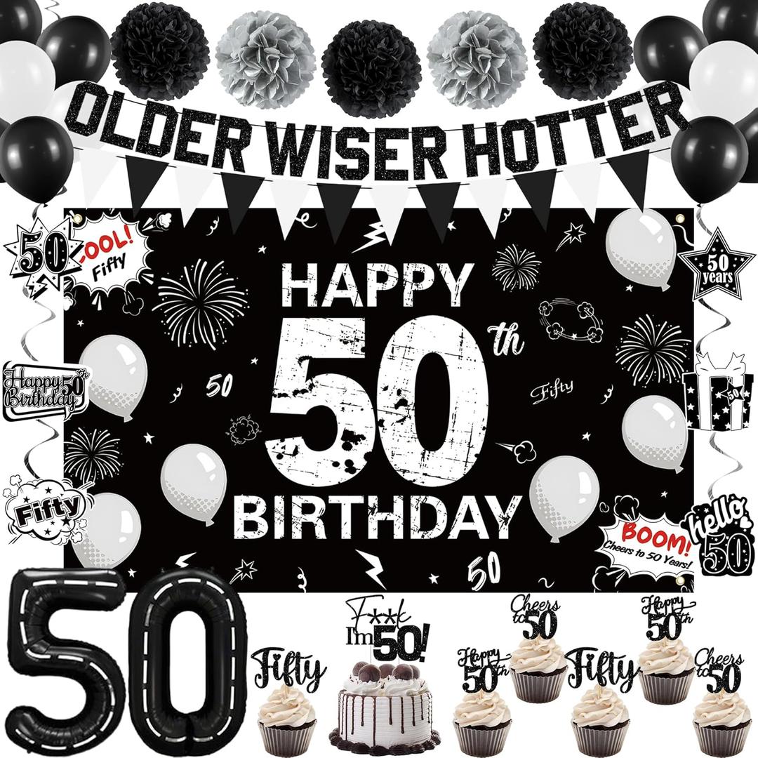 Holkcog 50th Birthday Decorations for Men Or Women, 38pcs Black 50th Birthday Party Backdrop, Banner, Hanging Swirls, Balloon, Cake Topper, Cheers to 50 Years Old Party Supply
