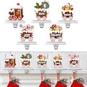 Wonderjune Christmas Stocking Holders for Mantle Set of 6 Resin Stocking Hangers for Mantel Snowman Santa Claus Figurines Weighted Fireplace Hooks for Xmas Winter Holiday Decorations (Train)