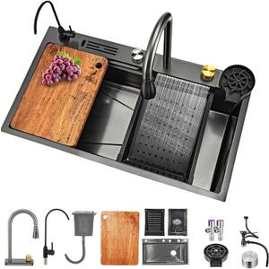 31.5x17.7 Inch Waterfall Kitchen Sink, Black Single Bowl Sinks Pull Down Sprayhead Faucet Kitchen Sink with Cup Washer