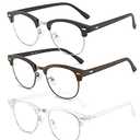 SOAR&EAGLE 3 Pack Blue Light Blocking Glasses,Computer Gaming Glasses,Retro Semi Rimless UV400 Clear Lens Computer Eyewear For Men/Women (Sand black silver/Wood grain gun/Crystal silver) +3.0