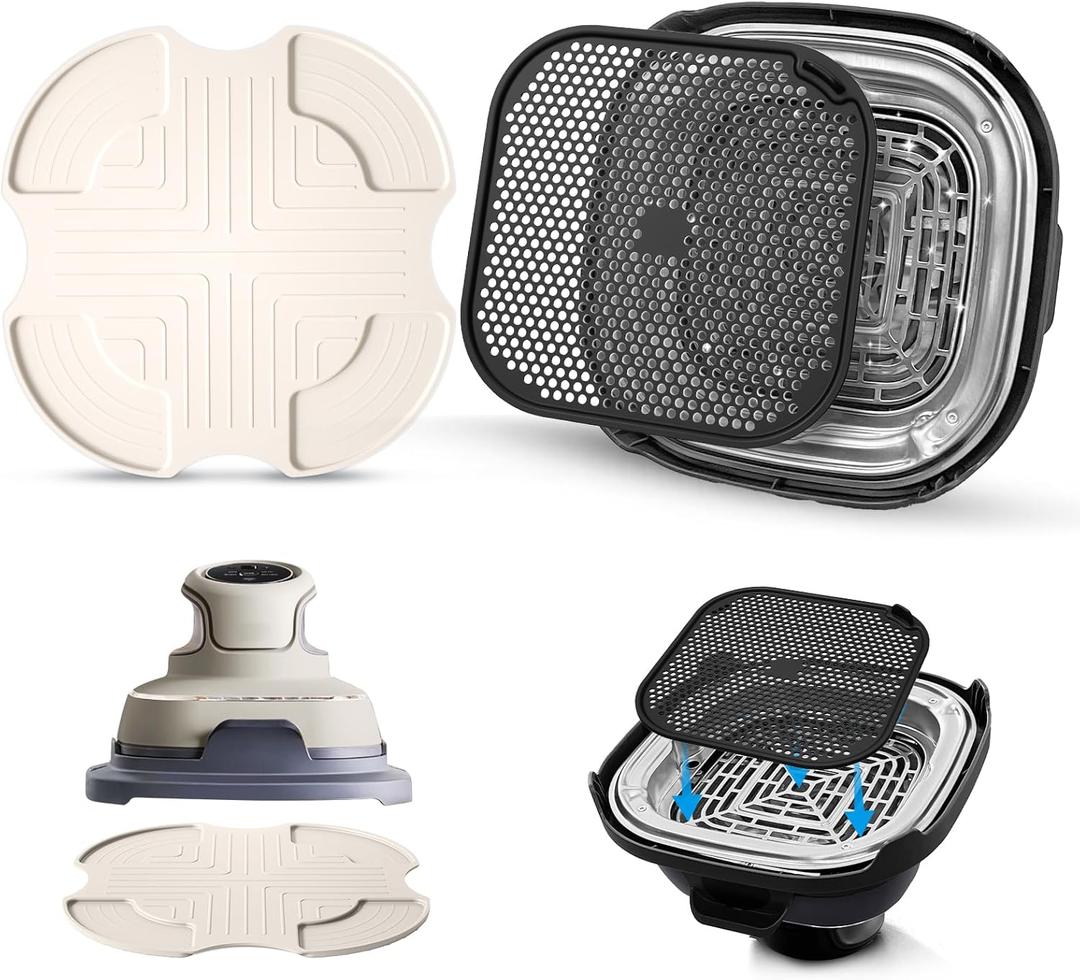 Silicone Mat for Ninja Crispi Air Fryer, Heat-Insulating Trivet for FN101 Containers Kitchen Splatter Guard, Ninja crispi Accessories Oil Blocker, Keeps Countertop Clean(Off White & Black)