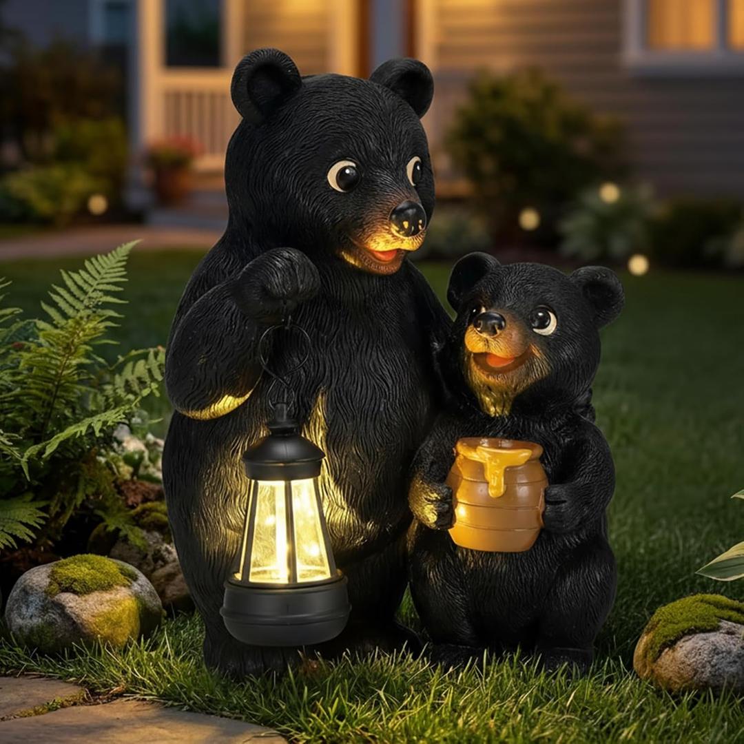 Lavezee Garden Bear Statues 8.9, Mother and Baby Bear Figurines with Solar Lantern for Outdoor Porch Yard Lawn, Unique Bear Gifts for Mom Grandma Women