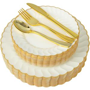 150pcs Ivory Scalloped Plastic Plates Set with Gold Rim,Fancy Disposable Dinnerware Sets Include 60 Plastic Dessert Plates,30Forks, 30Knives, 30Spoons Perfect for Wedding & Easter & Mother's Day