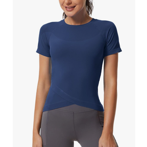MathCat Workout Shirts for Women, Workout Tops for Women Short Sleeve, Cross Hem Compression Shirts, Athletic Running Yoga Gym Tops Peach, Navy, Small, Pack of 2