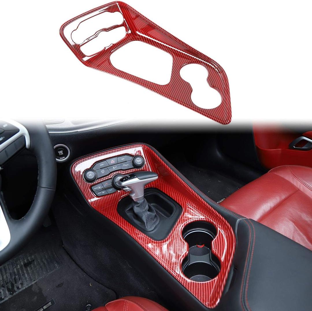 Voodonala Gear Shift Shifter Panel Shift Lever Panel Transmission Gear Selector Gearstick Panel Cover Trim Fit for 2015-2025 Dodge Challenger Interior Accessories ABS Red/Carbon Fiber