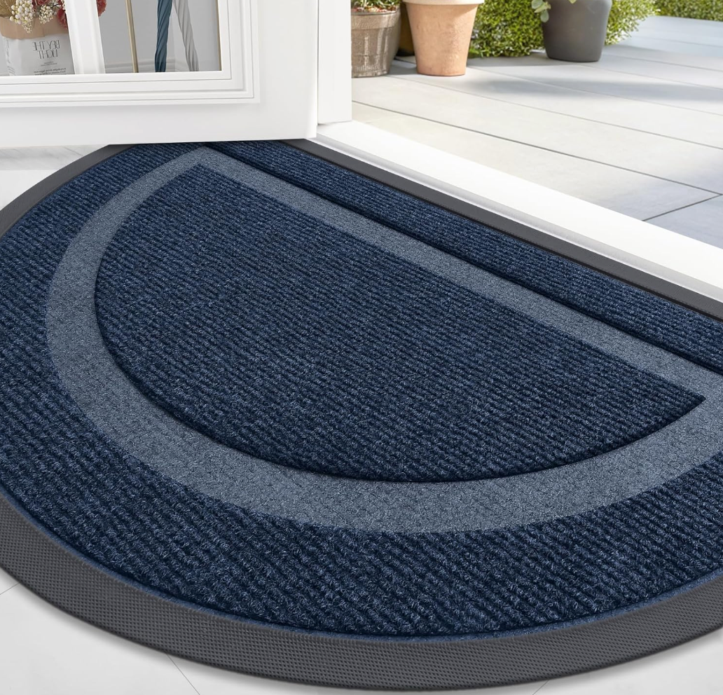 OLANLY Half Circle Door Mat Indoor Outdoor Entrance Welcome, Waterproof All-Season, All-Weather Doormat, Sturdy Natural Rubber, Low Profile, Easy Clean Patio Porch Entryway Mat, 36x24, Blue