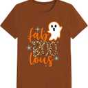 Halloween Shirts Women Boo Leopard Ghost T-Shirt Halloween Spooky Season Tee Tops (Brown, XL)