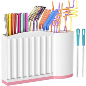 Straw Holder and Organizer for Reusable Straws Rack with Strong Suction Cup & Adhesive, Under Cabinet or On Wall Mount, No Drill Kitchen Organization for Metal, Glass, Silicone Straws White Pink