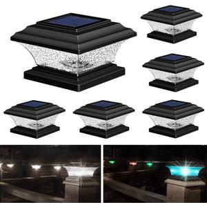HUYIENO Solar Post Cap Lights Outdoor LED Lighting Deck Fence Cap Light 9 Light Modes Bright White/ 7 Color Fixed Modes/ 7 Color Cycling Mode Suitable for 4x4 5x5 Wooden Posts Black 6pk