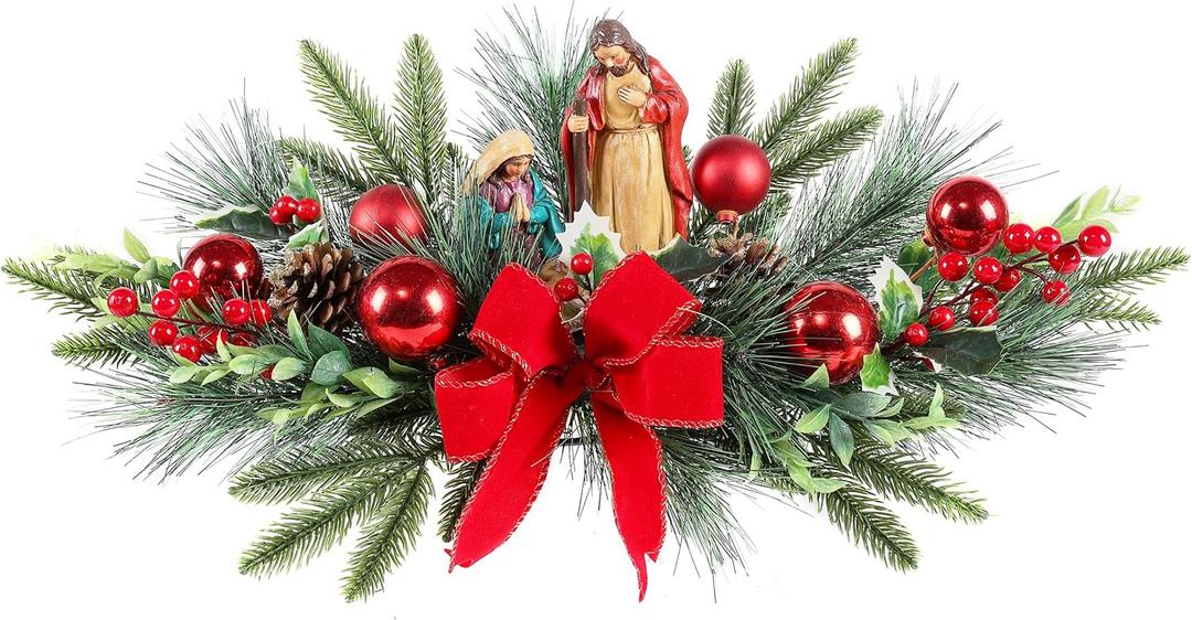 Christmas Table Centerpiece with LED Lights, Christmas Decoration with Red Jesus Pine Needle Ornament, Red Berry, Balls for Holiday Party, Home