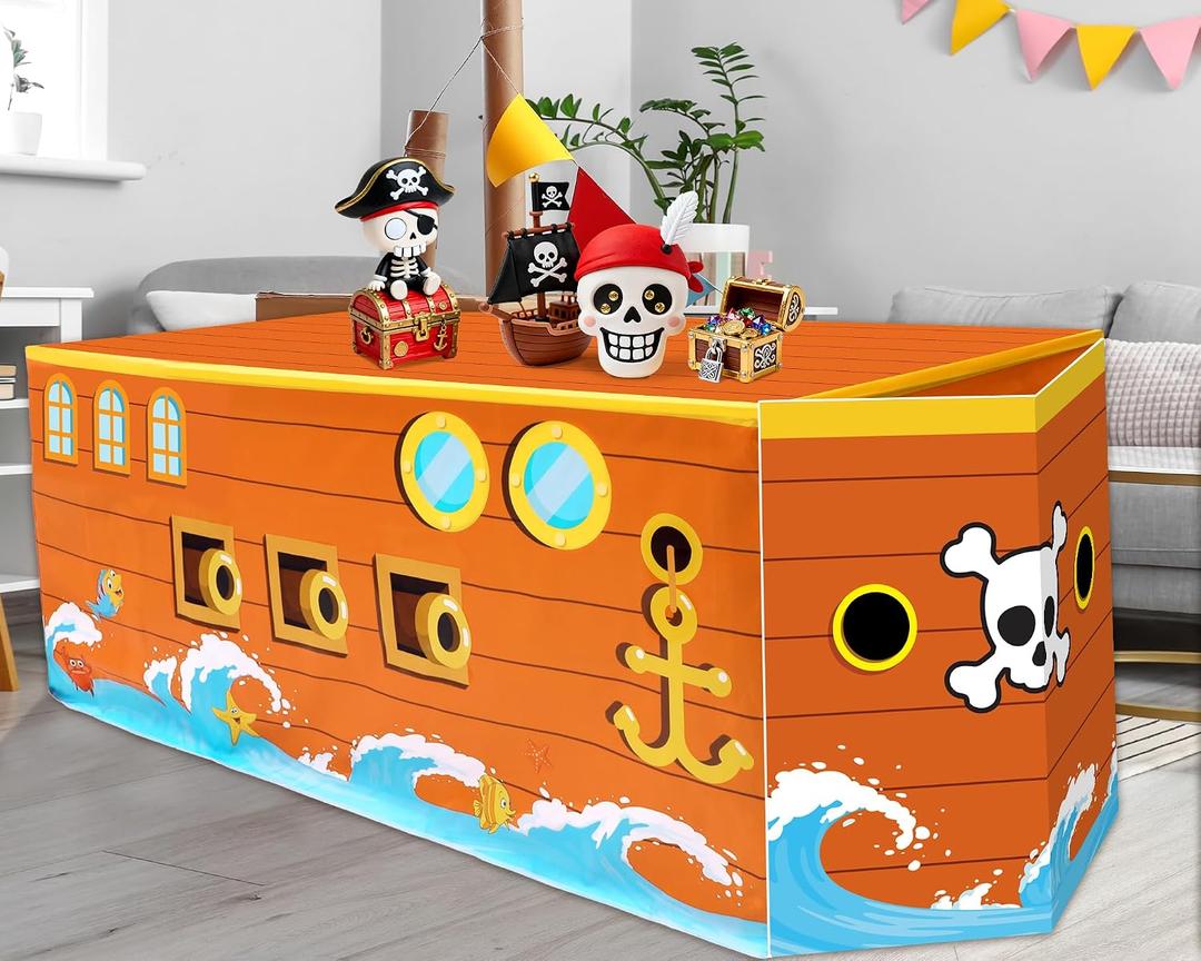party greeting 72 x 30 Inch Pirate Tablecloth Pirate Ship Table Cloth with 3pcs Prow Cardboard Nautical Adventure Party Decor for Birthday Jungle Adventure Nautical Party Favors Supplies Decorations