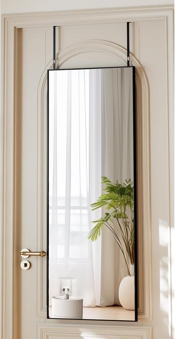 16" x 50" Adjustable Height Over The Door Mirror - Rectangular Full Length Hanging Door Mirror with Shatterproof Tempered Glass Black Metal Frame for Dormitory