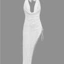 RoseSeek Women's Textured V Neck Cover Up Halter Neck Backless Maxi Dress Side Drawstring Bodycon Dress Swimsuits (White, L)