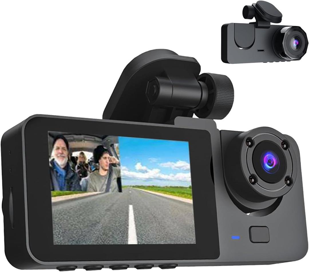 3 Channel Dash Cam Front and Rear - 1080P Dash Cam Front and Inside with Night Vision, Motion Detection, Parking Monitor - Includes 32GB MMC Card for G-Sensor Protection and Loop Recording