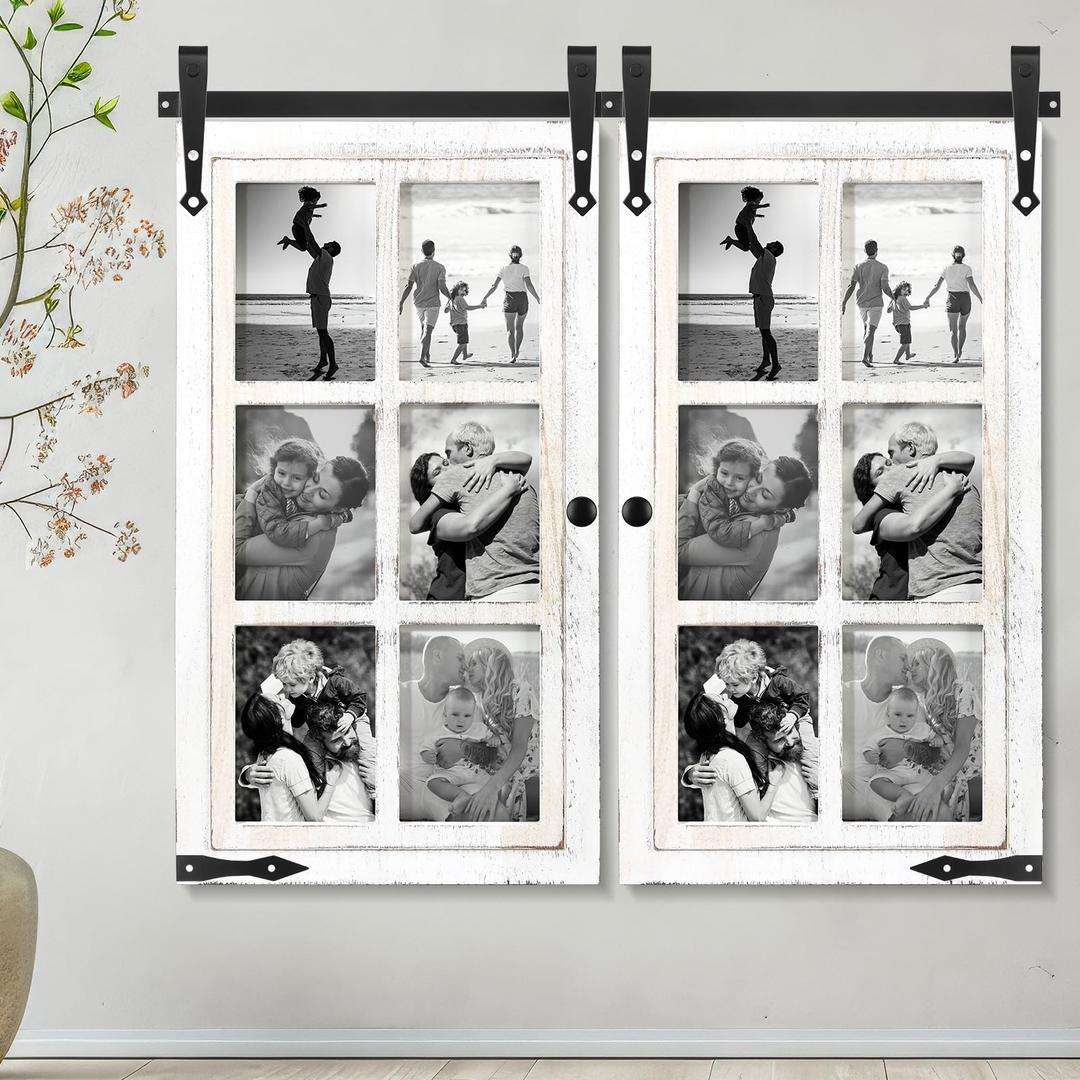 Sintuff 2 Sets Picture Frame Collage Fit 5x7 Photo Multi 6 Opening White Wooden Barn Door Window Farmhouse Picture Frame Collage for Living Room Bedroom Wall Decor