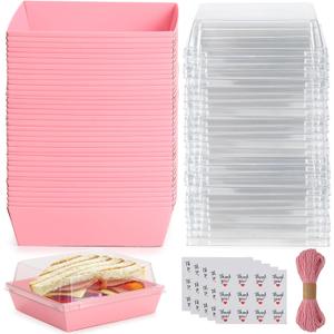 Charcuterie Boxes with Clear Lids,50 Pack Pink Square Disposable Paper Food Containers to Go Desserts Bakery Boxes for Strawberries, Cake Slice, Donuts, Sandwich, Party, Wedding, Home Use & Outdoors