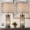 RORIA Set of 2 Rustic Table Lamps for Living Room with 2 USB Ports, Vintage Bedside Lamps with Gray Frosted Glass Night Light for Bedroom Desk Lamps for Entryway, 4 Bulbs Included, Gray